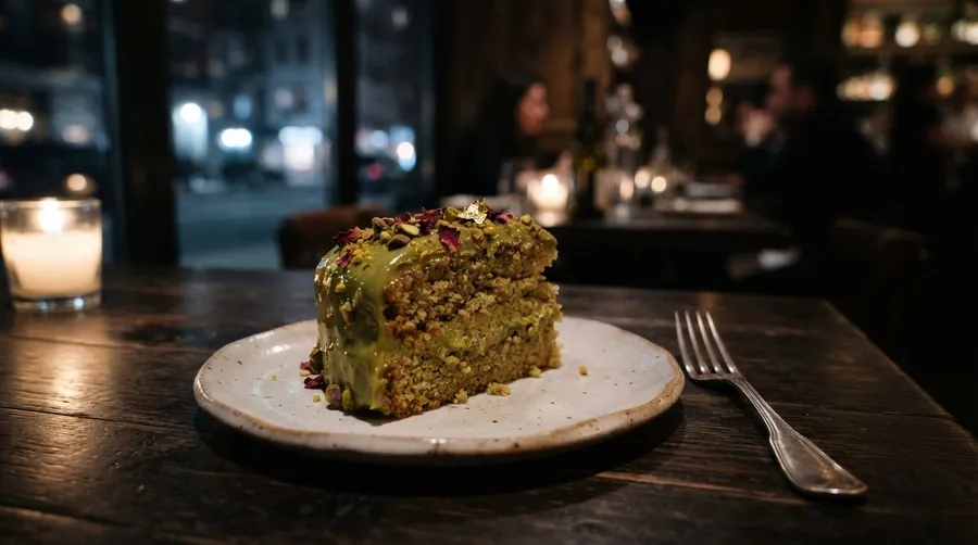 Moody restaurant photo of a half-eaten slice of pistachio cake on a plate with a fork, generated on getimg.ai with Nano Banana 2 Lite for an AI image realism test.