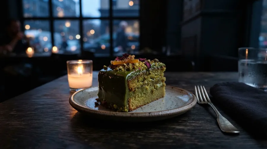 Moody restaurant photo of a half-eaten slice of pistachio cake on a plate with a fork, generated on getimg.ai with Nano Banana 2 Lite for an AI image realism test.