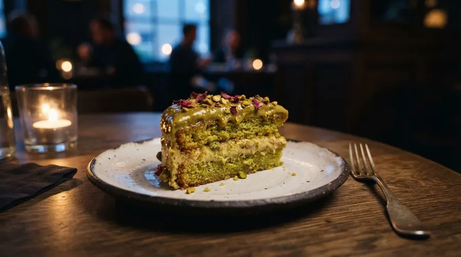 Moody restaurant photo of a half-eaten slice of pistachio cake on a plate with a fork, generated on getimg.ai with Nano Banana 2 Lite for an AI image realism test.