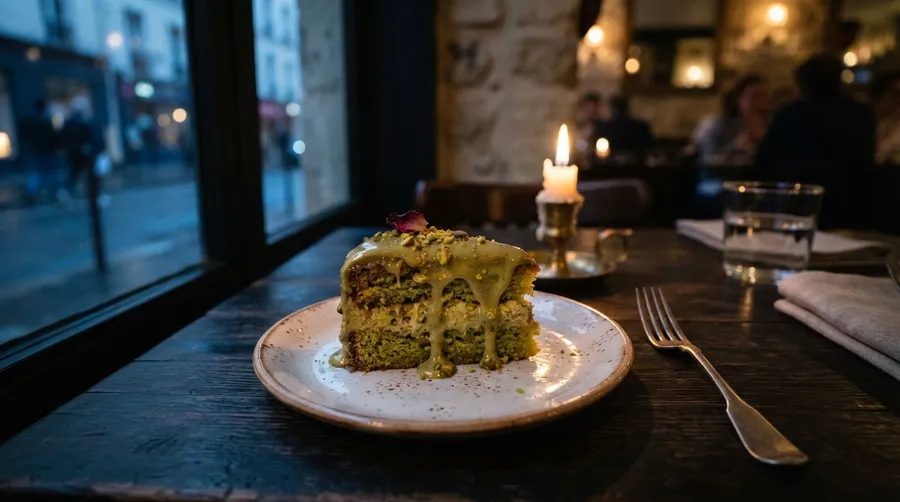 Moody restaurant photo of a half-eaten slice of pistachio cake on a plate with a fork, generated on getimg.ai with Nano Banana 2 Lite for an AI image realism test.