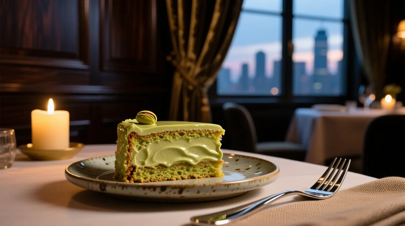 Moody restaurant photo of a half-eaten slice of pistachio cake on a plate with a fork, generated on getimg.ai with Qwen Image for an AI image realism test.