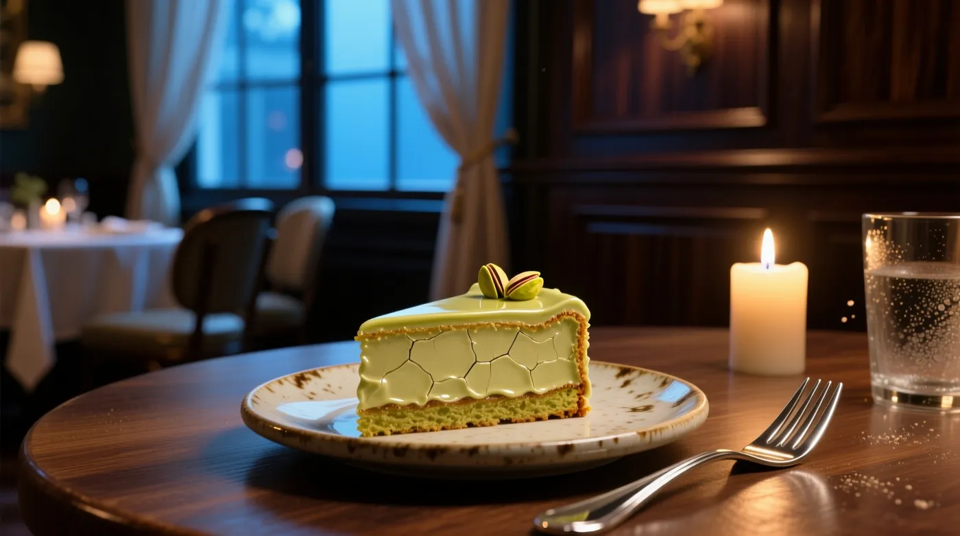 Moody restaurant photo of a half-eaten slice of pistachio cake on a plate with a fork, generated on getimg.ai with Qwen Image for an AI image realism test.