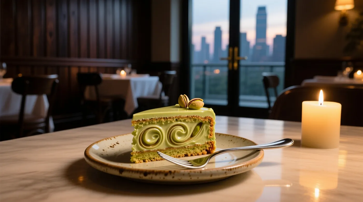 Moody restaurant photo of a half-eaten slice of pistachio cake on a plate with a fork, generated on getimg.ai with Qwen Image for an AI image realism test.