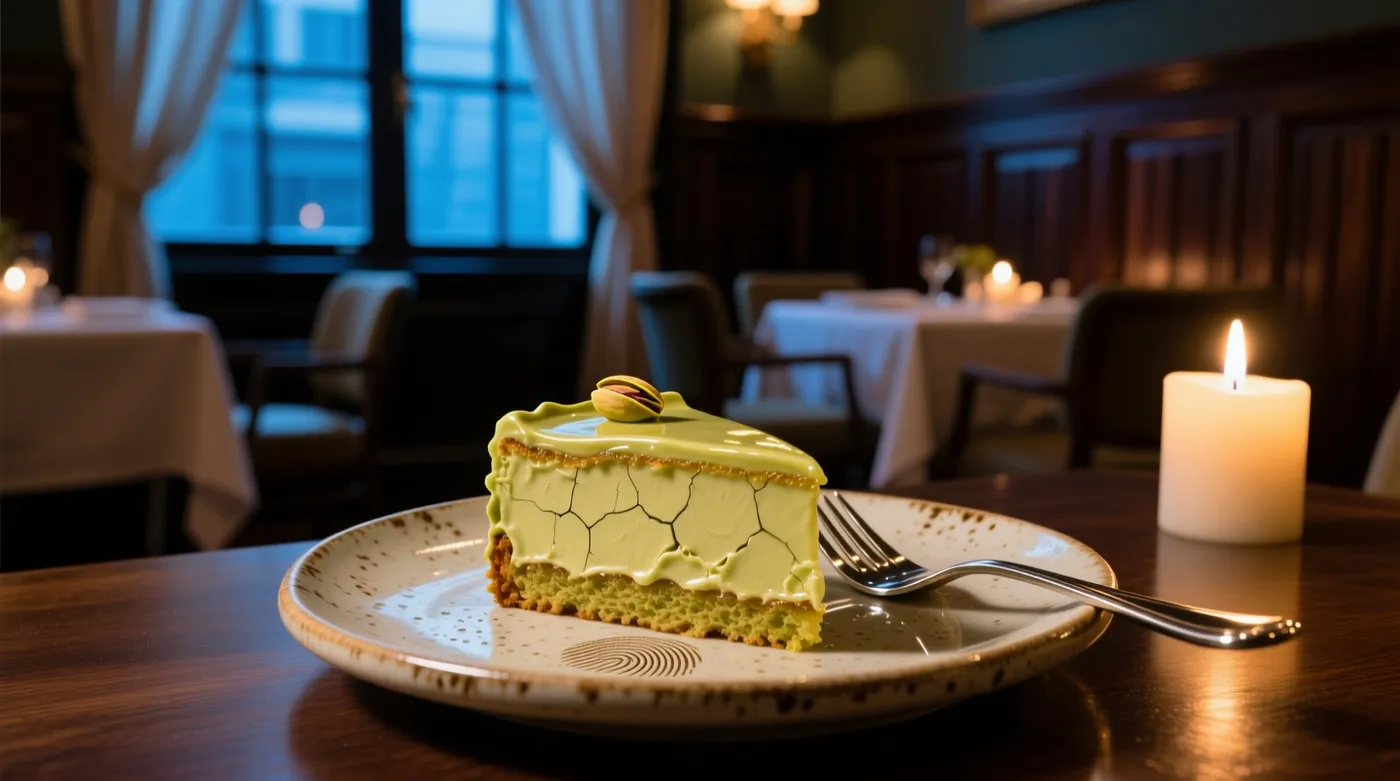 Moody restaurant photo of a half-eaten slice of pistachio cake on a plate with a fork, generated on getimg.ai with Qwen Image for an AI image realism test.
