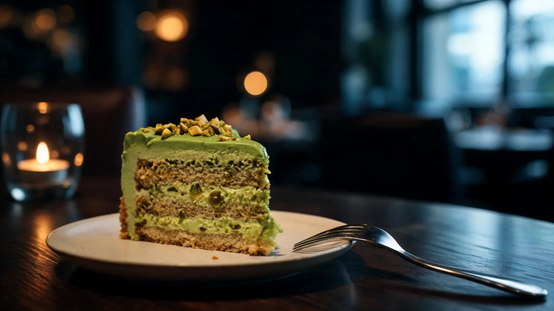 Moody restaurant photo of a half-eaten slice of pistachio cake on a plate with a fork, generated on getimg.ai with Seedream 5.0 Lite for an AI image realism test.