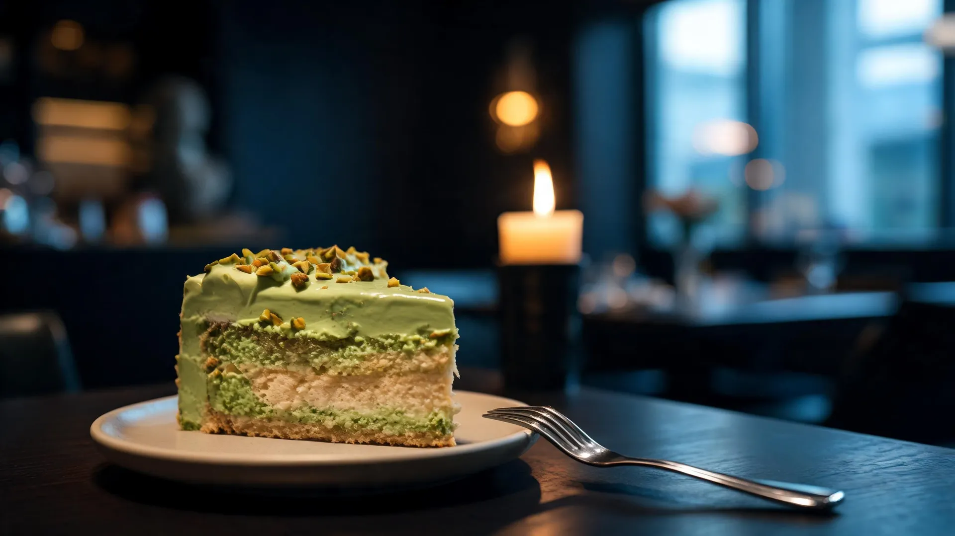 Moody restaurant photo of a half-eaten slice of pistachio cake on a plate with a fork, generated on getimg.ai with Seedream 5.0 Lite for an AI image realism test.