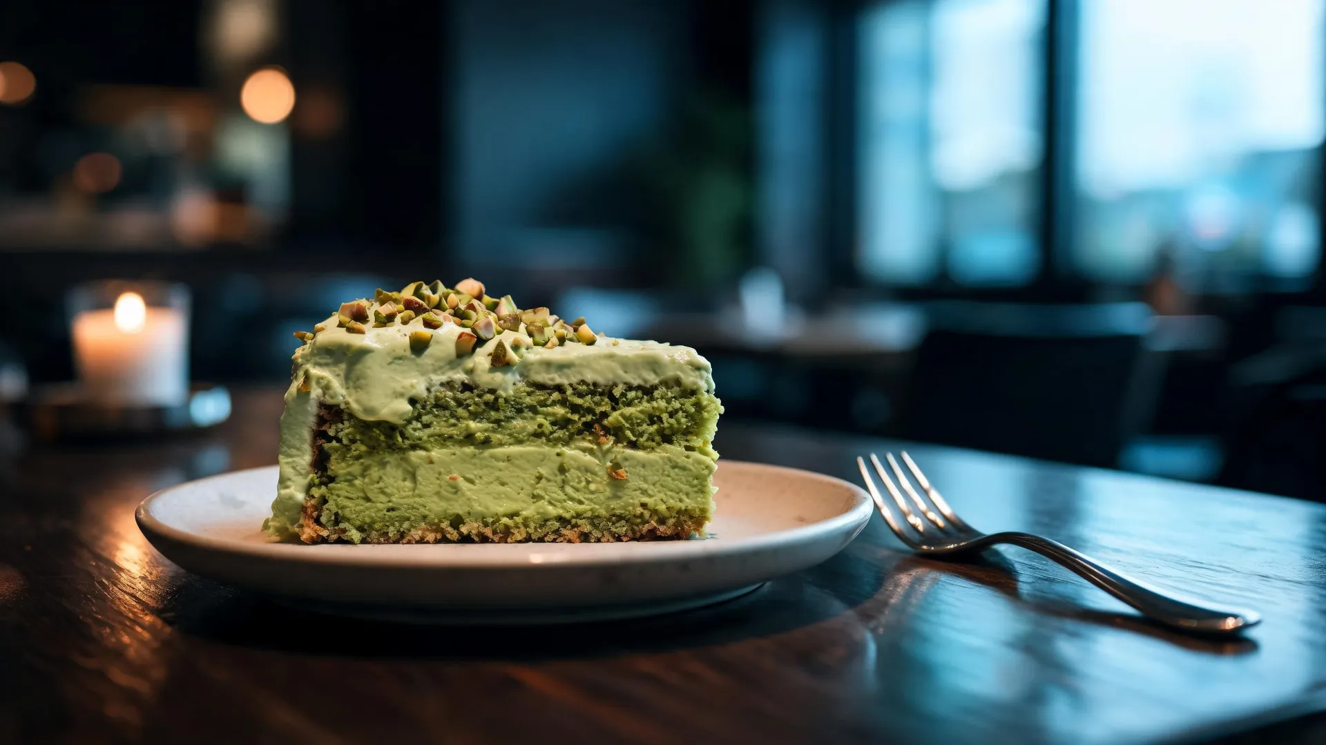 Moody restaurant photo of a half-eaten slice of pistachio cake on a plate with a fork, generated on getimg.ai with Seedream 5.0 Lite for an AI image realism test.