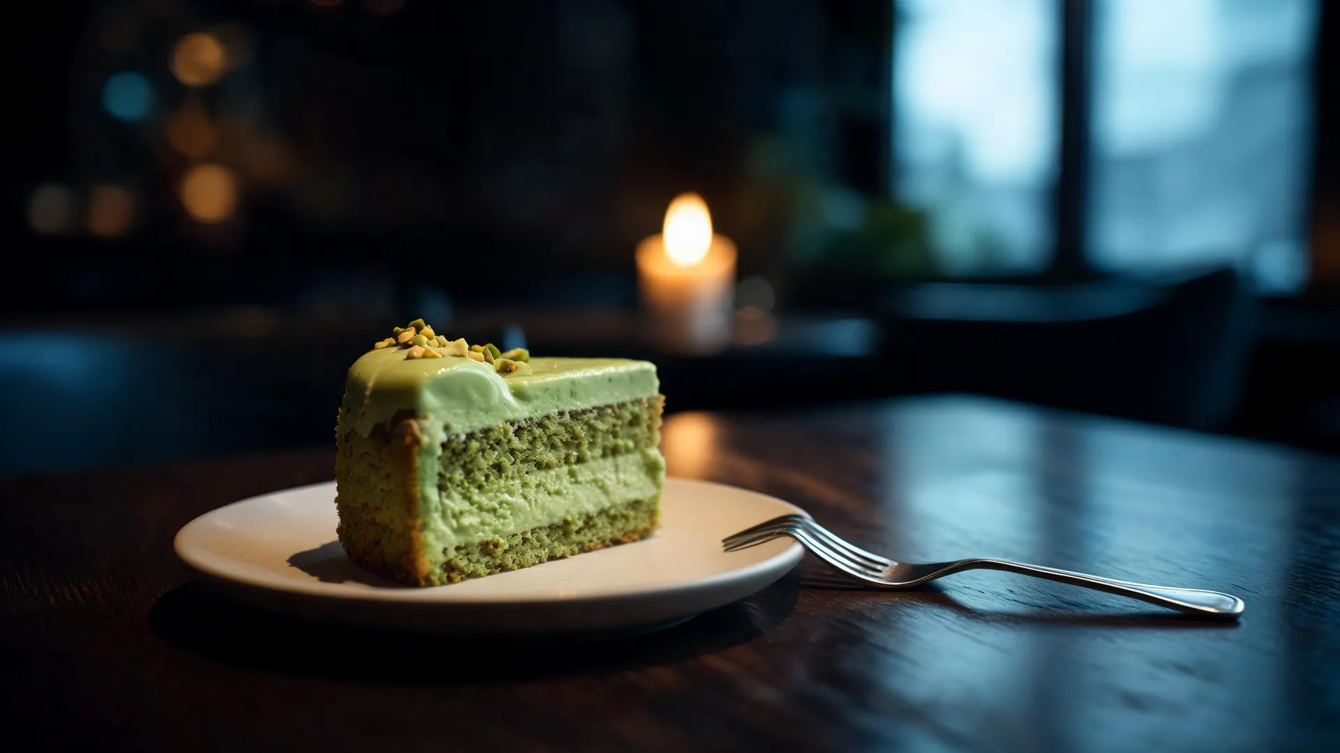 Moody restaurant photo of a half-eaten slice of pistachio cake on a plate with a fork, generated on getimg.ai with Seedream 5.0 Lite for an AI image realism test.