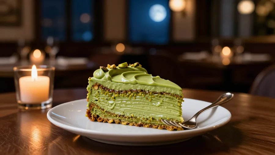Moody restaurant photo of a half-eaten slice of pistachio cake on a plate with a fork, generated on getimg.ai with Z-Image Turbo for an AI image realism test.