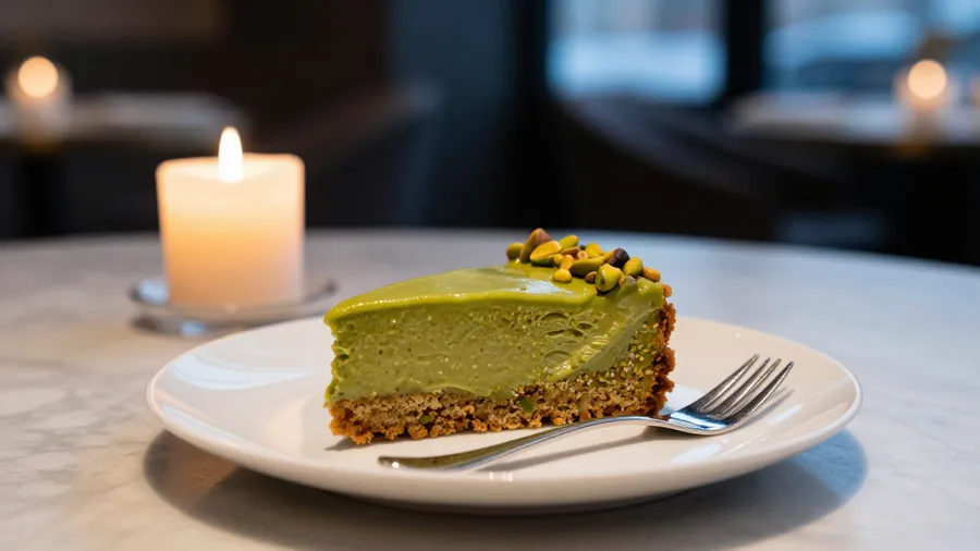 Moody restaurant photo of a half-eaten slice of pistachio cake on a plate with a fork, generated on getimg.ai with Z-Image Turbo for an AI image realism test.