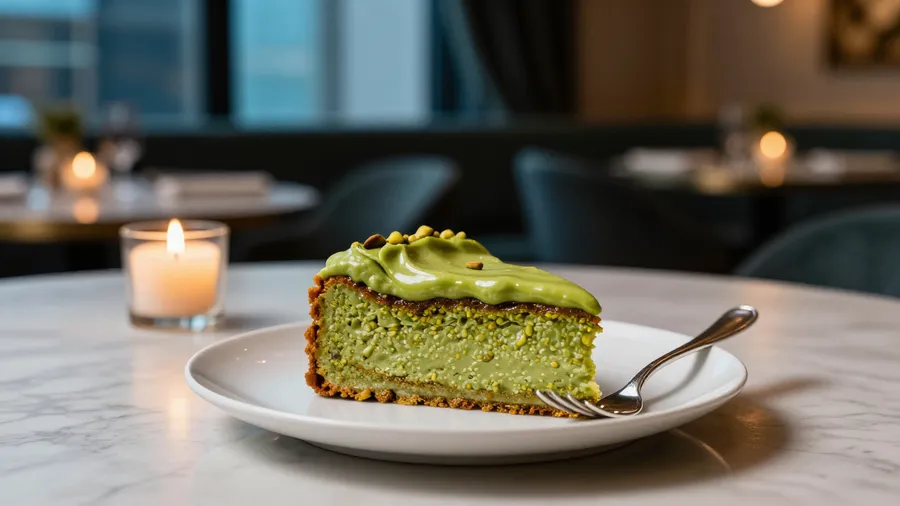 Moody restaurant photo of a half-eaten slice of pistachio cake on a plate with a fork, generated on getimg.ai with Z-Image Turbo for an AI image realism test.