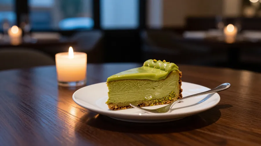 Moody restaurant photo of a half-eaten slice of pistachio cake on a plate with a fork, generated on getimg.ai with Z-Image Turbo for an AI image realism test.