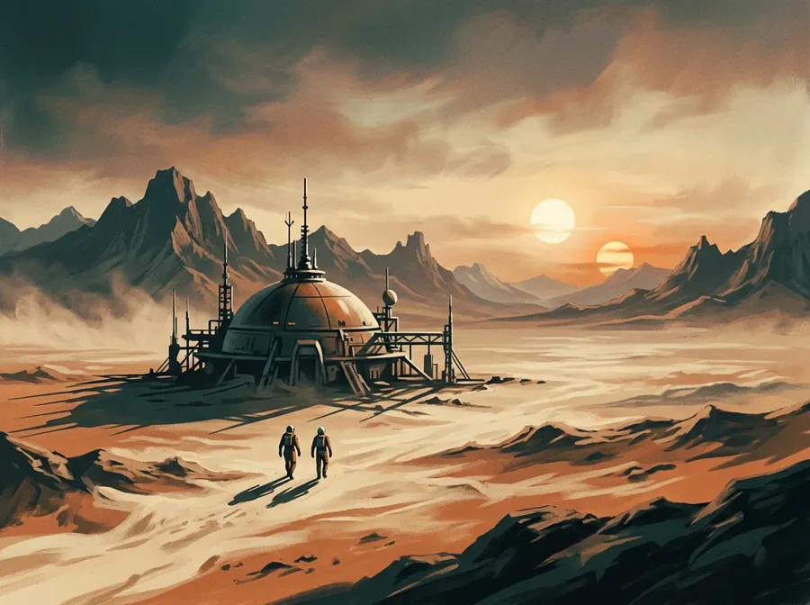 Vintage 1970s sci-fi matte painting of a desert outpost at dusk with twin suns
