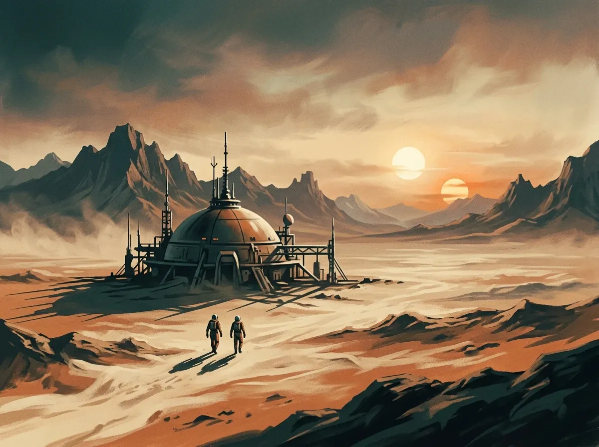 Vintage 1970s sci-fi matte painting of a desert outpost at dusk with twin suns