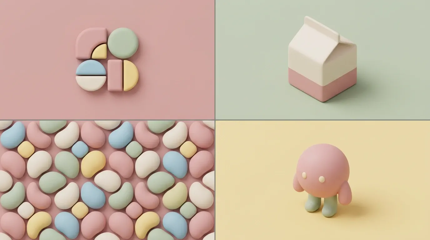Pastel clay 3D render 2x2 grid of brand visual system elements
