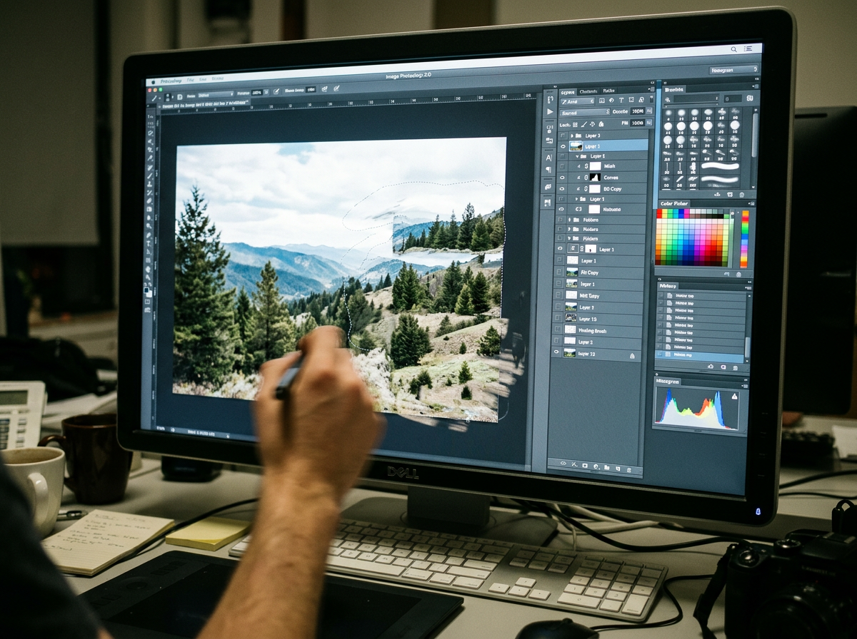 A computer monitor showing a cluttered desktop image-editor interface with many floating panels and a half-finished manually extended landscape photograph