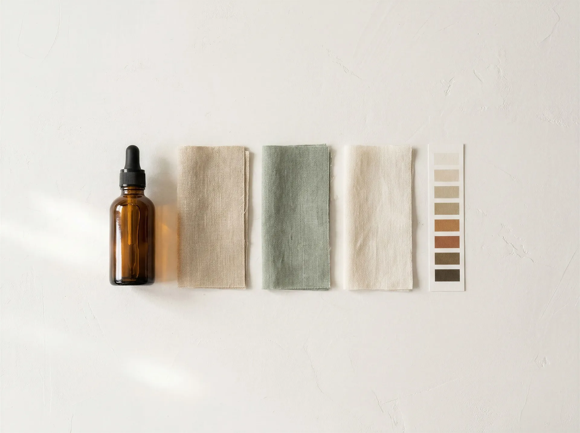Overhead flat lay of a brand reference set on a pale studio table: an amber glass dropper bottle, three fabric swatches in sand, sage and cream, and a strip of printed colour chips. Step one of a team campaign, where the creative lead saves the product, brand style and colour palette as shared Elements. Image generated with getimg.ai.