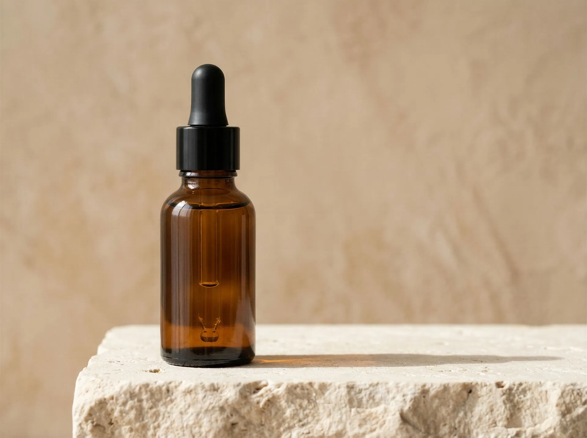 An unlabelled amber glass dropper bottle on a cream stone pedestal against a warm sand plaster wall, lit from the side with a long soft shadow. Step two of a team campaign, where the designer generates hero concepts from the shared Elements. Image generated with getimg.ai.