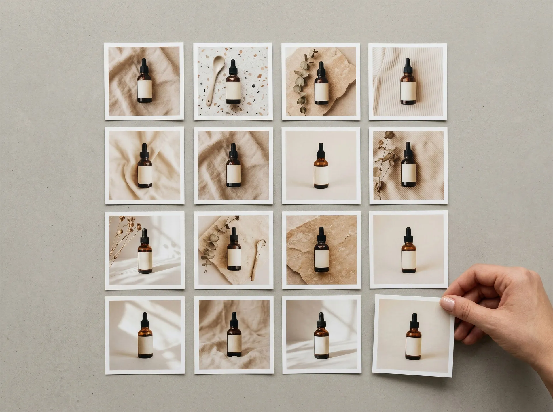 Overhead view of sixteen small prints of the same amber glass dropper bottle laid out in a grid on a grey table while a hand places one more, illustrating how every generated asset in a shared Team space shows who created it. Image generated with getimg.ai.