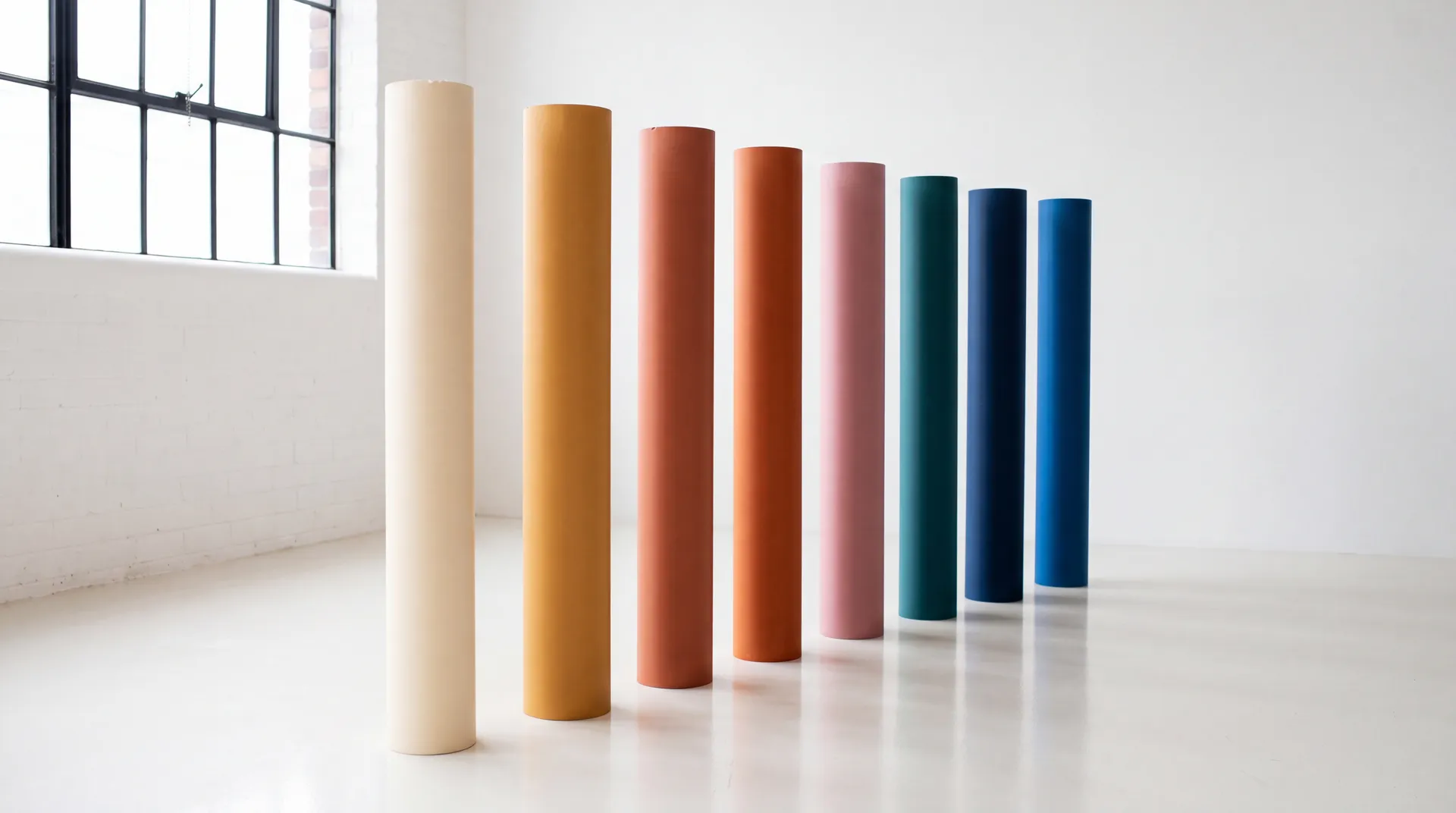 A row of eight large seamless studio background paper rolls standing in a bright white photography studio, running in a clean colour gradient from soft cream through ochre and terracotta to deep teal and blue, illustrating the range of plans a creative team can choose from as it grows. Image generated with getimg.ai.