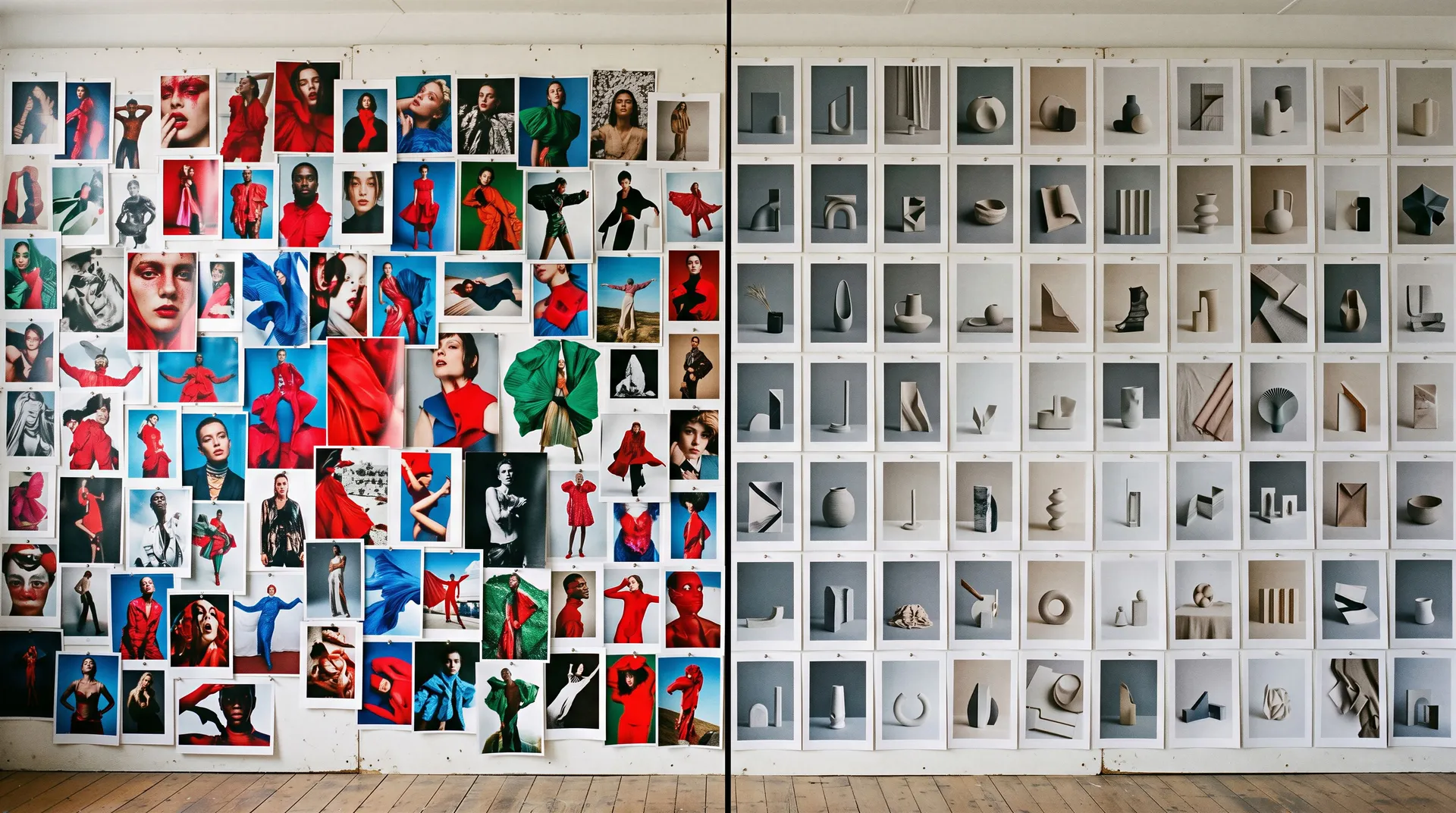 A floor to ceiling studio print wall split down the middle by a vertical divide, bold red and blue fashion prints on the left and a muted grey product grid on the right, illustrating two separate bodies of team work with controlled access to each. Image generated with getimg.ai.