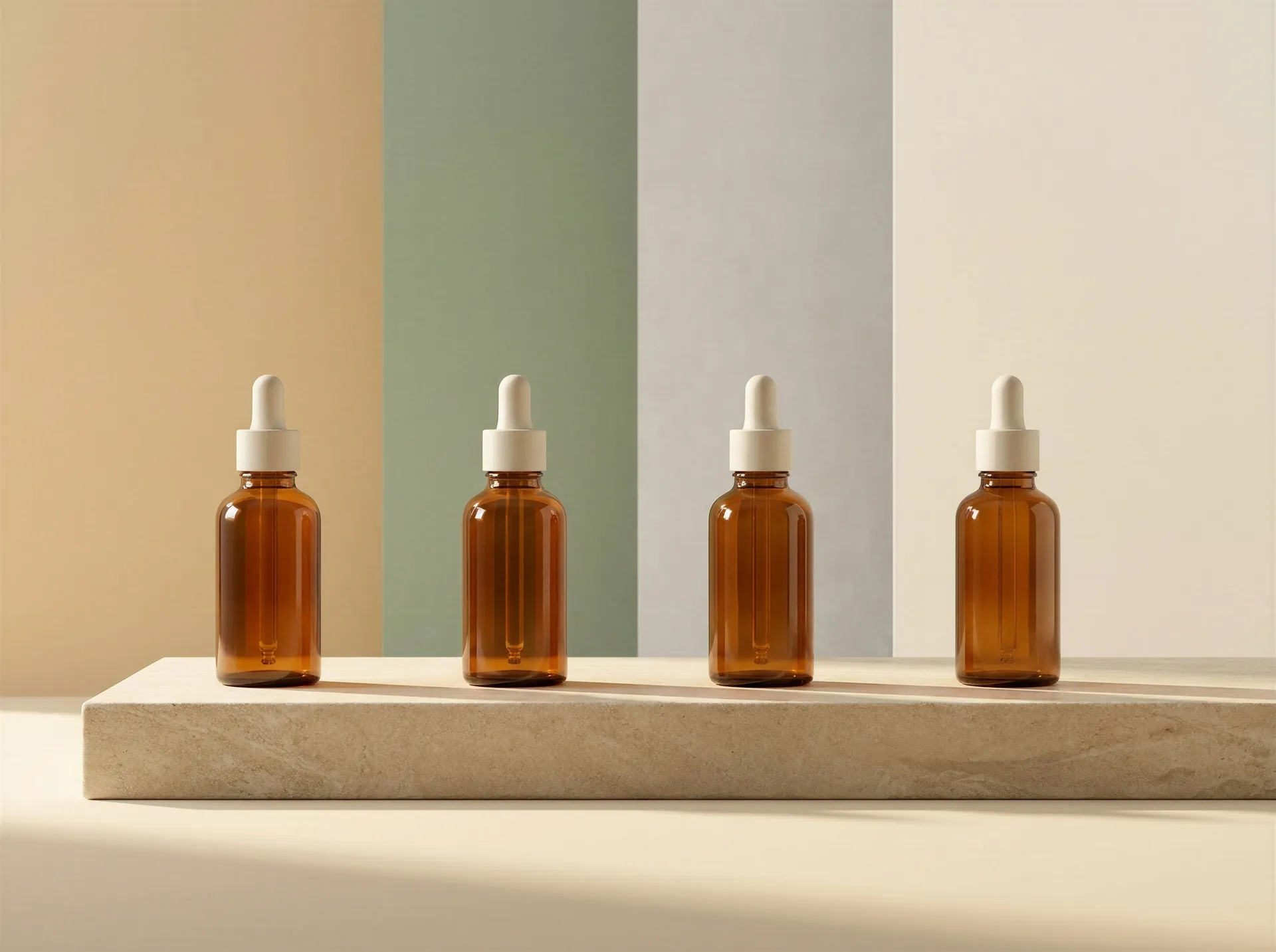 The same amber glass dropper bottle photographed four times in a row against sand, sage, grey and cream backdrops with identical lighting and angle, showing the consistency a team gets from calling the same shared Element into every prompt. Image generated with getimg.ai.