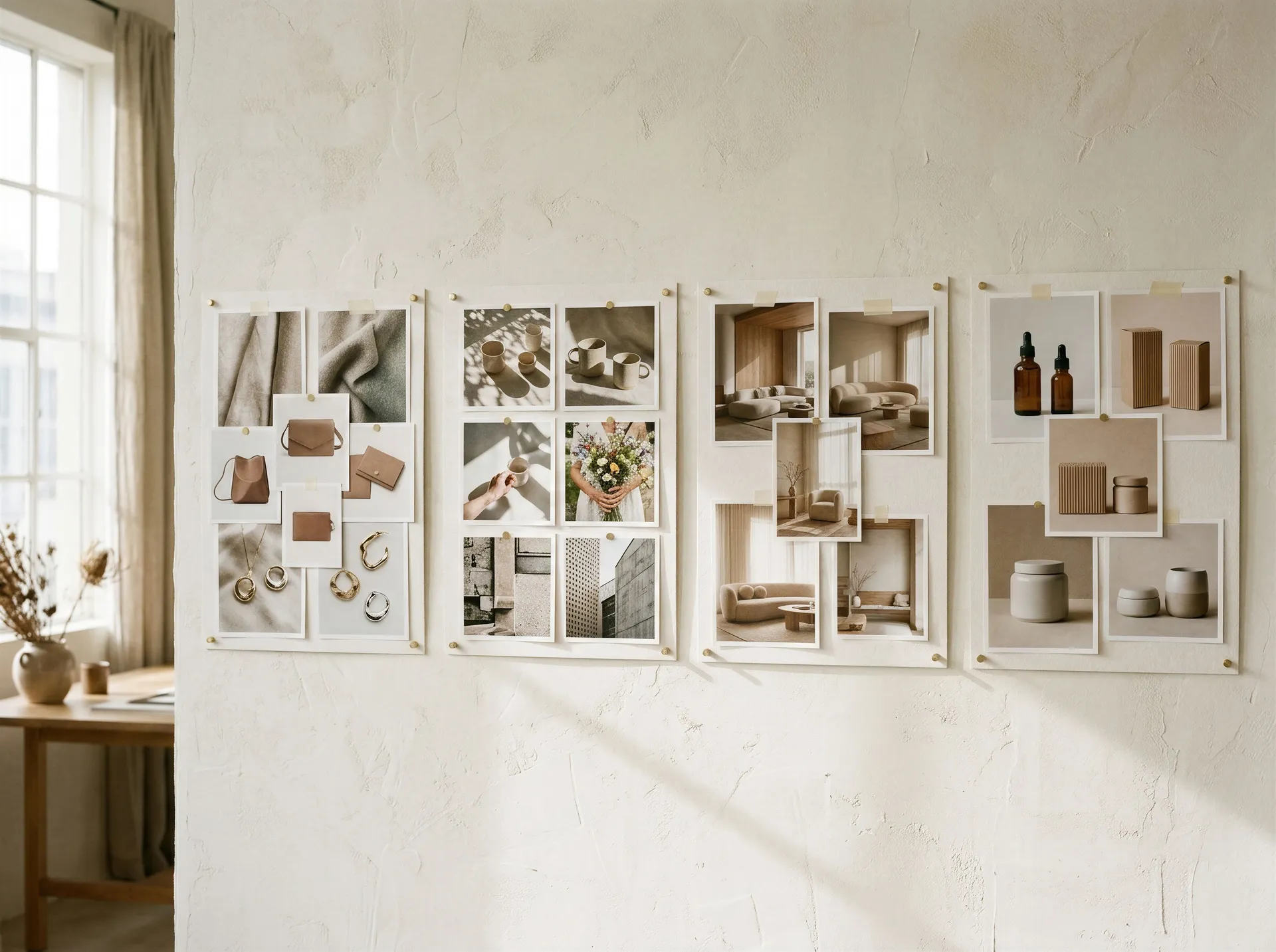 Four separate mood boards pinned side by side on a studio wall, each holding prints from a different project, illustrating how a creative team keeps brand, social, client and product work in separate Team spaces. Image generated with getimg.ai.