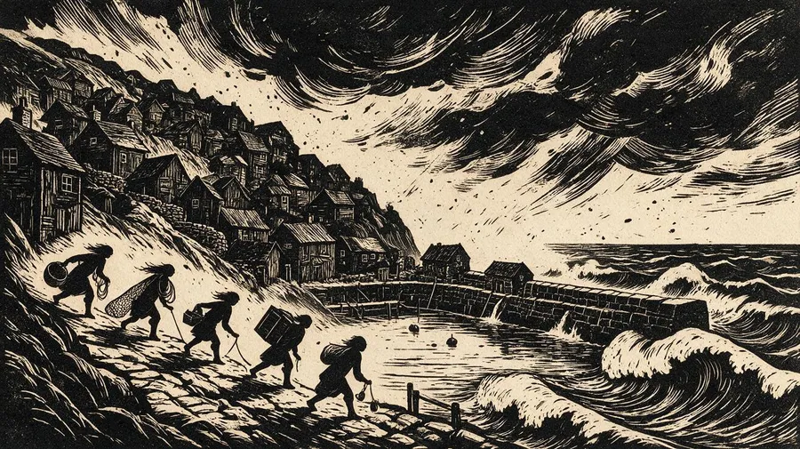 AI-generated black-and-white linocut print of villagers carrying nets and baskets up a cobbled path from a stormy harbor as waves hit a stone breakwater, created with getimg.ai.