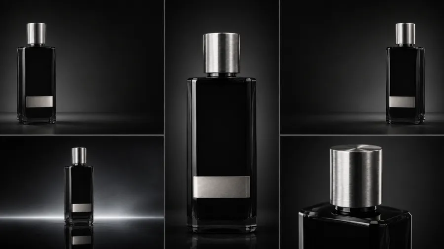 A five-panel collage placing the same black fragrance bottle in different compositions and crops, each leaving clean negative space for a headline or logo, showing how one creative direction adapts into ad-ready layouts. Generated with getimg.ai.