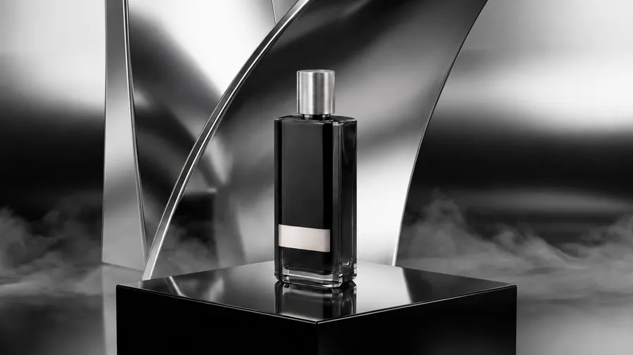 The same chrome-set shot of the black fragrance bottle with the floating silver object removed and the product, lighting, reflections, and background kept unchanged, showing how to edit the winning shot instead of regenerating the whole scene. Generated with getimg.ai.