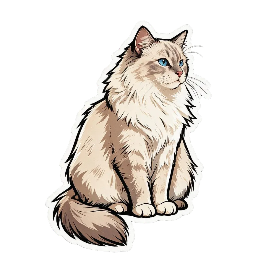 The same fluffy cream cat redrawn as a die-cut AI sticker in a bold-outline comic style, generated by the Sticker maker on getimg.ai.