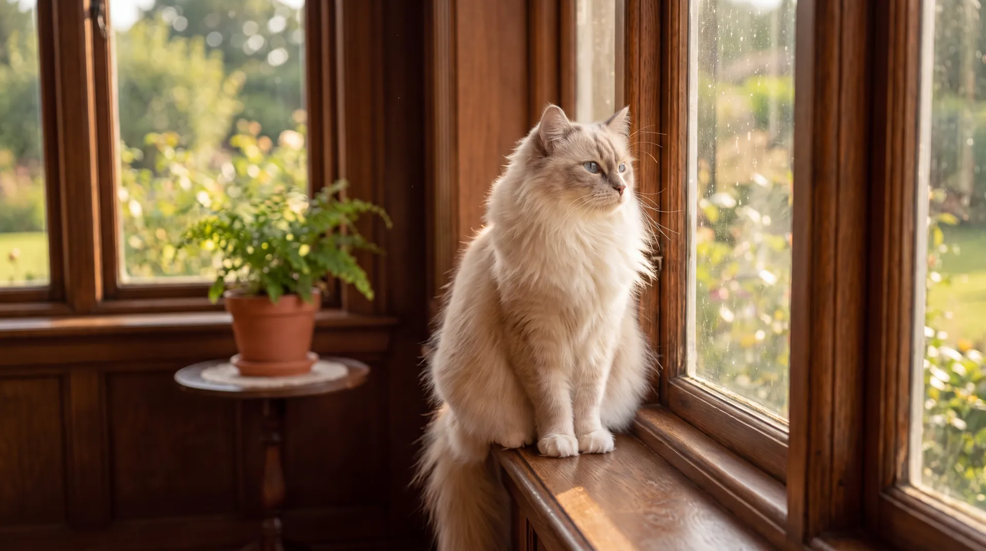 Realistic photo of a fluffy cream-coloured longhaired cat with blue eyes sitting on a sunlit wooden windowsill, used as the reference photo for turning a photo into an AI sticker with the Sticker maker on getimg.ai.