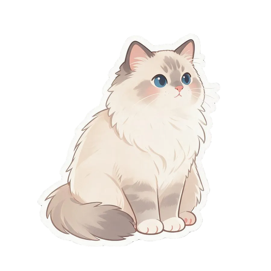The same fluffy cream cat redrawn as a die-cut AI sticker in a cute kawaii style with big blue eyes, generated by the Sticker maker on getimg.ai.