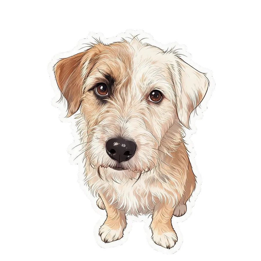 Sticker maker result on getimg.ai: the terrier as a soft hand-drawn illustration sticker with finely sketched fur, die-cut on a transparent background.