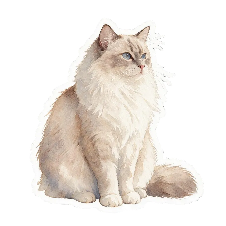 The same fluffy cream cat redrawn as a die-cut AI sticker in a soft watercolour style, generated by the Sticker maker on getimg.ai.