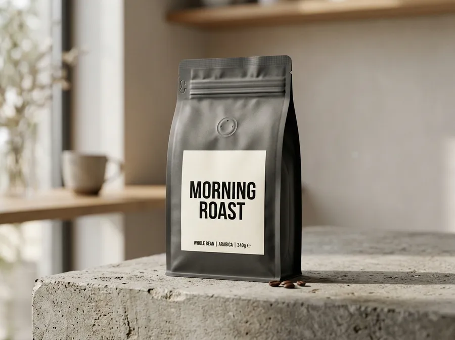 Coffee bag with the label MORNING ROAST on concrete