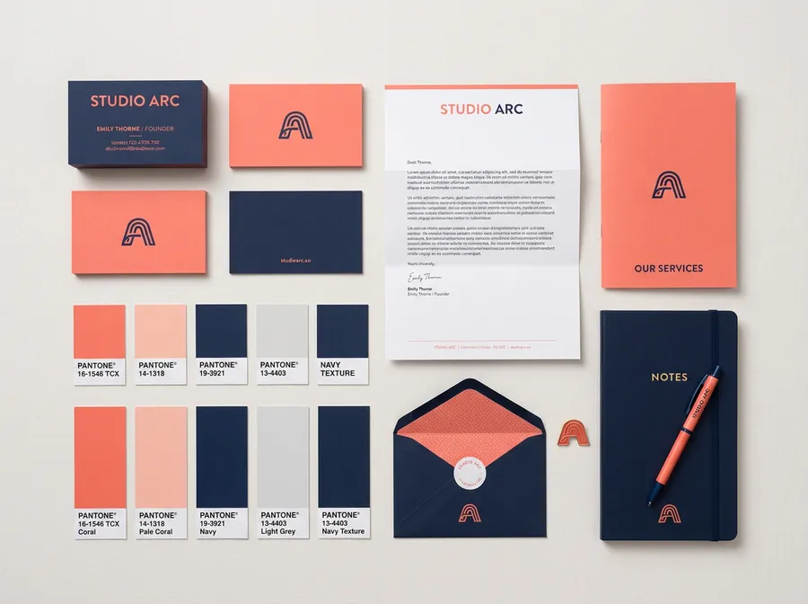 Brand stationery flat lay in coral and navy with color swatches