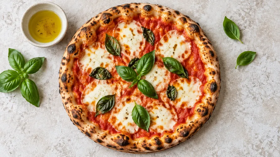 Overhead view of a tomato, mozzarella and basil pizza on pale stone beside basil leaves and a bowl of oil.