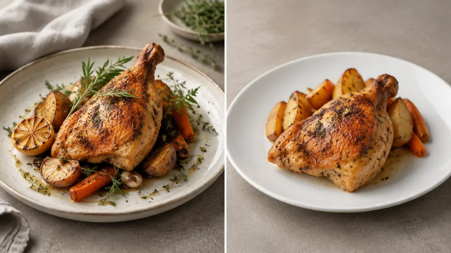 Two plates of roast chicken with potatoes, one with herbs and lemon and one with simpler plating.