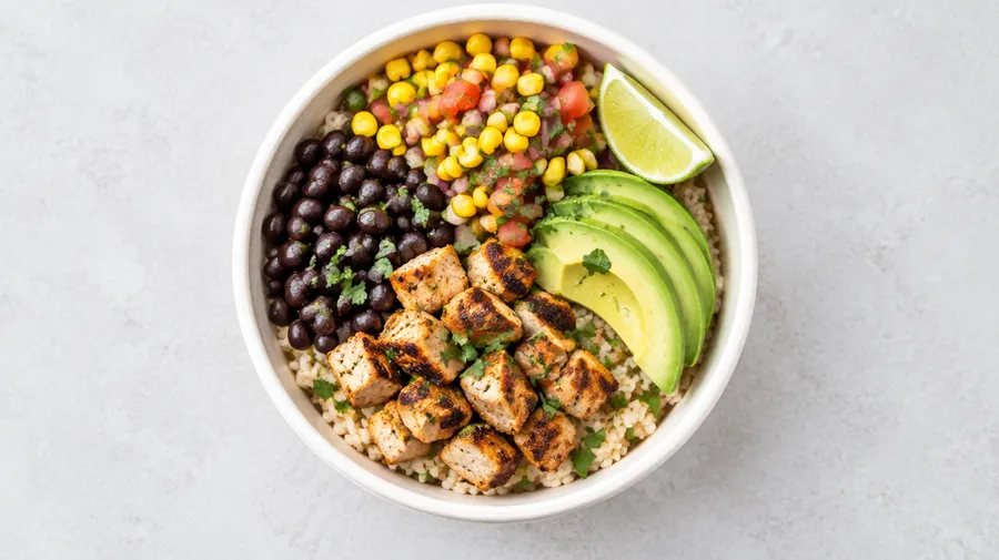 Overhead view of a white bowl with chicken, rice, black beans, corn, avocado and lime on a pale surface.