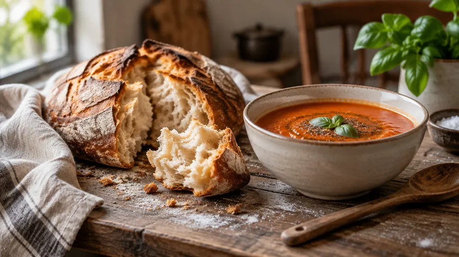 Torn crusty bread beside a bowl of tomato soup, linen and a wooden spoon on a rustic wooden table.