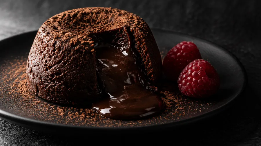 Chocolate lava cake with a molten center and two raspberries on a black plate in directional light.
