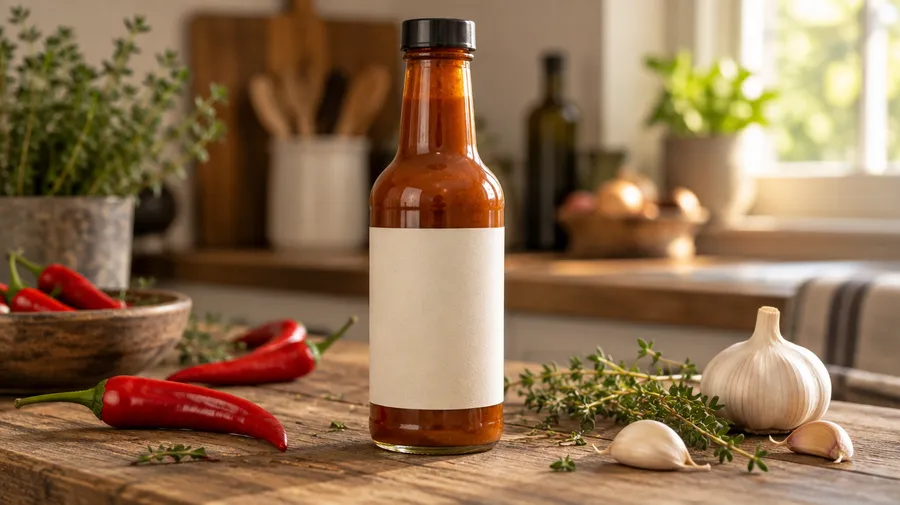 Amber sauce bottle with a blank cream label beside red chilies, garlic and herbs on a wooden counter.