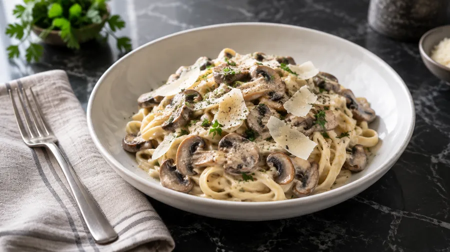 Creamy mushroom pasta with shaved cheese in a white bowl on dark marble beside a fork and linen napkin.
