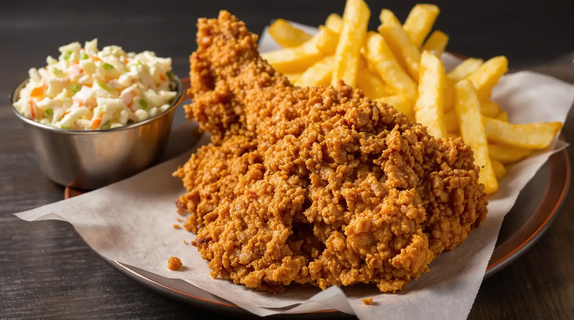 Crispy fried chicken with French fries and a small metal bowl of coleslaw on a paper-lined plate.