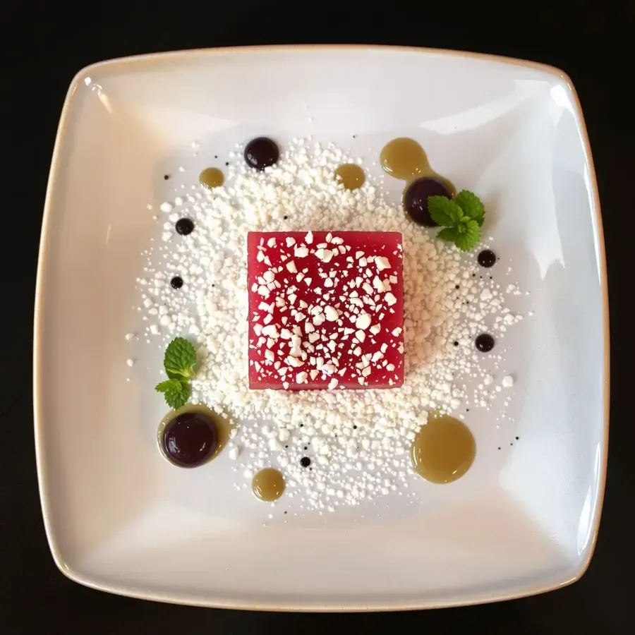 Red square dessert with white crumbs, sauce dots and mint on a square white plate.