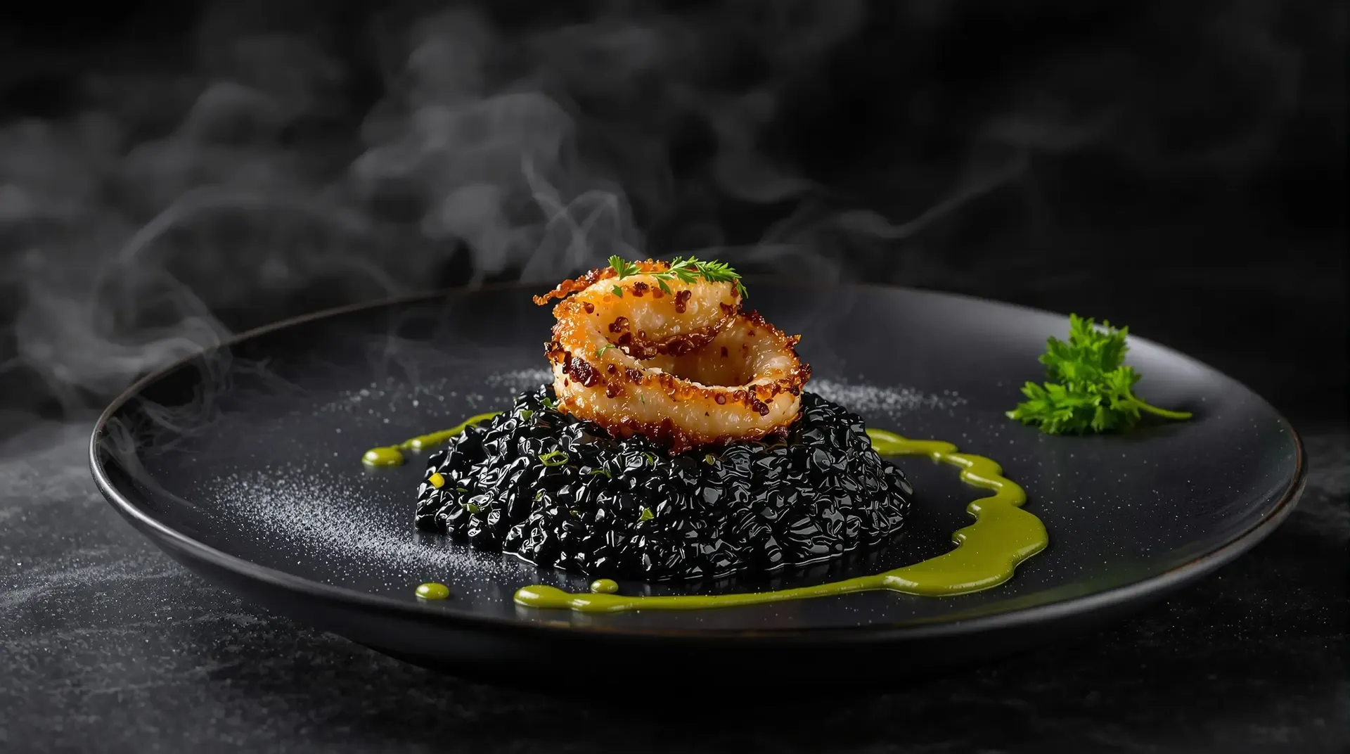 Black risotto topped with two golden calamari rings and green sauce on a steaming black plate.