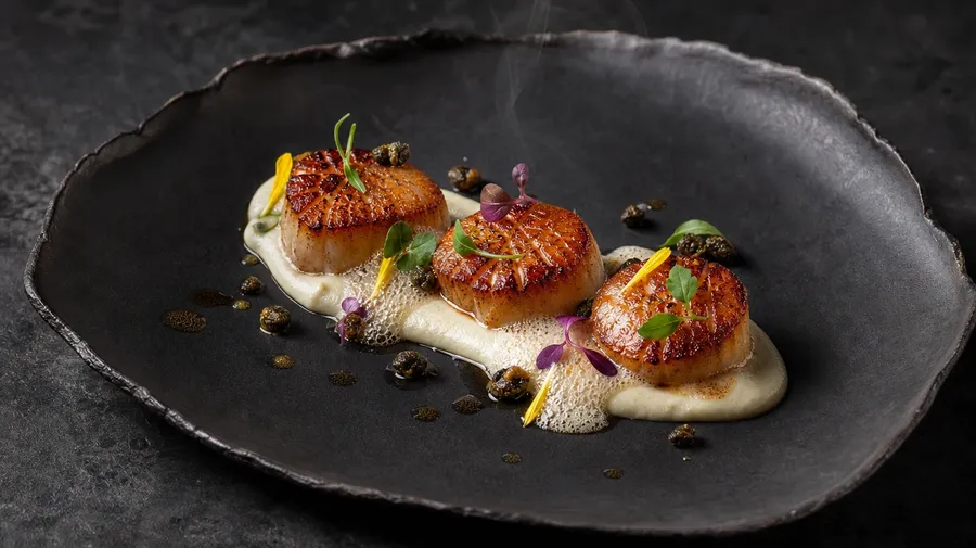 Overhead fine-dining plate of seared scallops on cauliflower puree with brown-butter foam