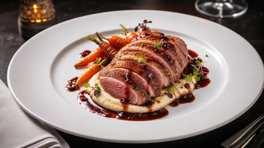 Plated seared duck breast with parsnip puree and cherry gastrique for a menu