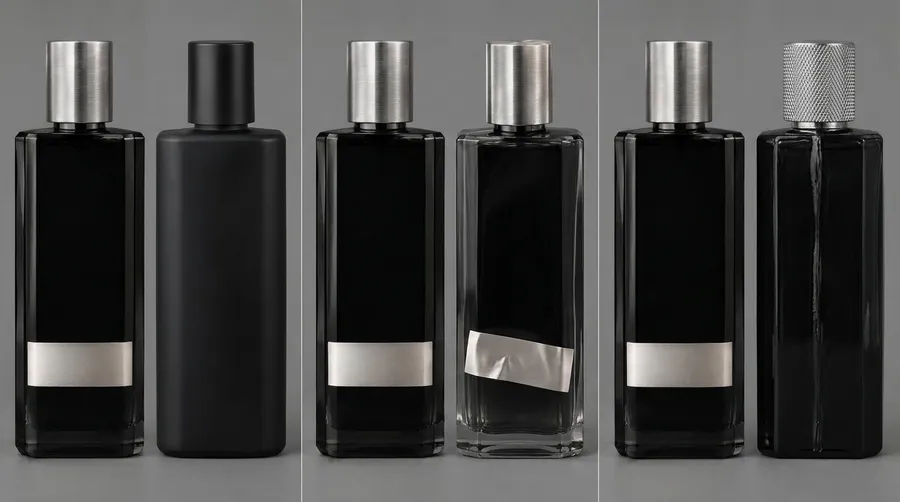Three comparisons of the genuine black fragrance bottle against flawed replicas with the wrong finish, a crumpled label, and a different cap, illustrating the material, label, and hardware errors to check for before publishing a product shot. Generated with getimg.ai.
